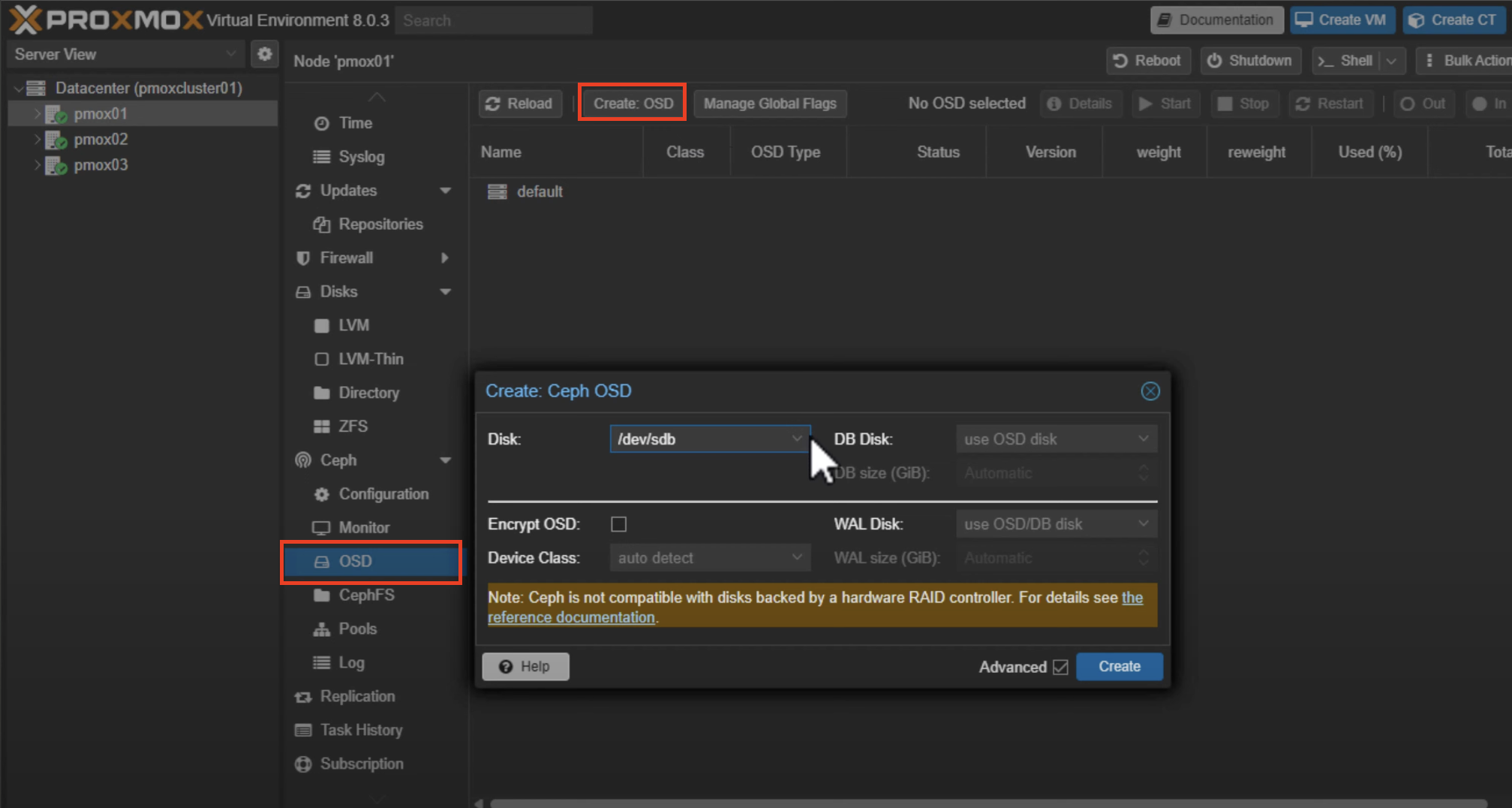 A screen showing how to install Proxmox Ceph Pools